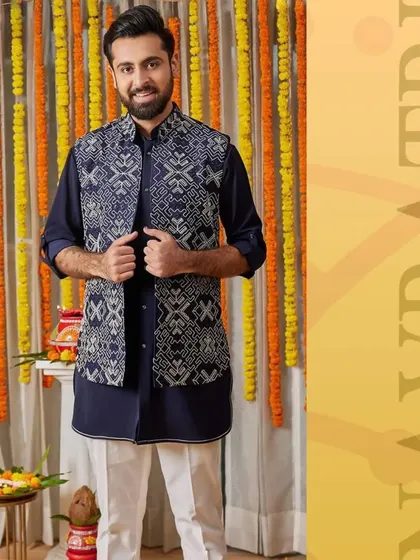 Fuse tradition with a modern twist for Navratri. This navy blue kurta with a geometric print jacket is your key to effortless style, offering both comfort and class.