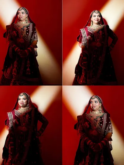 A four-panel grid of the bride, showcasing different poses under dramatic lighting. This collage highlights her confidence and the stunning details of her lehenga.