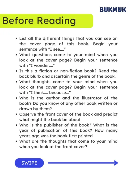 Here are some 'Before Reading' prompts for kids to engage with a book's cover. Asking questions like "I see..." or "I wonder..." helps build curiosity and predictive skills before they even turn the first page.