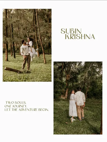 A creative collage telling a story of "two souls, one journey" with photos from a forest pre-wedding shoot.