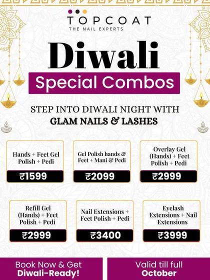 Our special combo offers for Diwali. We put together packages including gel polish, pedicures, and nail extensions to help you shine bright for the festival of lights.