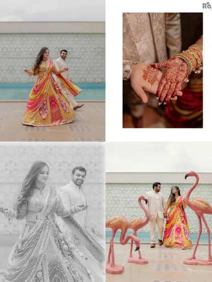A collage capturing various moments from a Roka ceremony, including playful walking shots, a close-up of their hands, and fun poses with flamingo props.