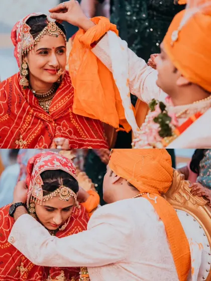 A collage of intimate ritual moments, showing the groom applying sindoor and the couple's focused participation in the ceremony.