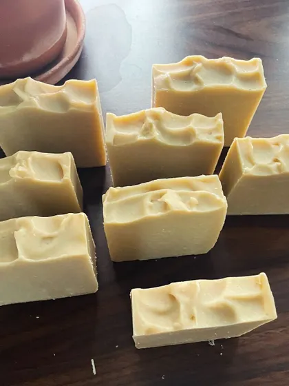 Freshly cut bars of my Multani Mitti Avocado Butter soap. The wavy top is a signature of my handmade cold-process soaps. This soap is excellent for all skin types.