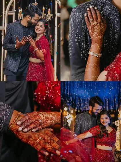A collage of candid moments and details from the Sangeet night. It shows the couple's interactions, their rings, and henna, creating a complete picture of their celebration.