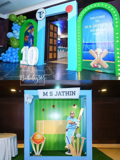 The entrance and photo booth for the cricket-themed party. We created a fun, interactive "in the game" photo op for the birthday boy and his guests.