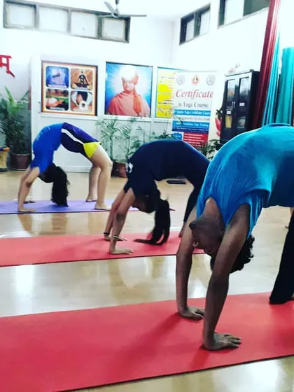 A class works on back flexibility with Chakrasana (Wheel Pose). We teach proper technique and alignment to ensure students can practice such poses safely.