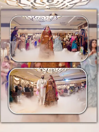 A collage showing the bride's grand entry and her walk with the groom, surrounded by smoke and celebration.