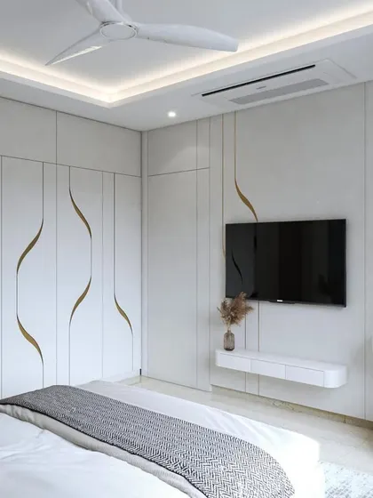 Another view of the master bedroom render with gold leafing, showing the curved wardrobe details and the opulent yet serene atmosphere.