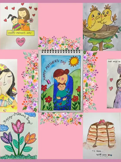 A beautiful collage of artworks created by our students to celebrate Mother's Day, filled with love, flowers, and hugs.