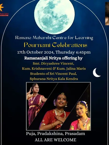 A Ramananjali Nritya offering by students of the Sphurana Nritya Kala Kendra during our Pournami celebrations. We often collaborate with other institutions to bring diverse artistic offerings to our community.