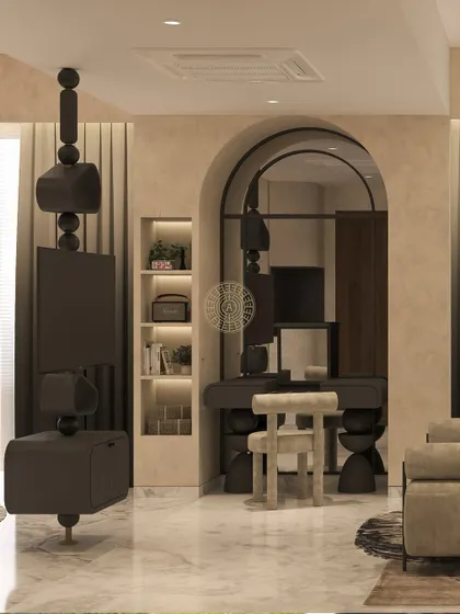 A render of a vanity area with an arched mirror and a unique, sculptural hanging TV unit. The design uses a neutral, textured palette to create a serene and sophisticated space.