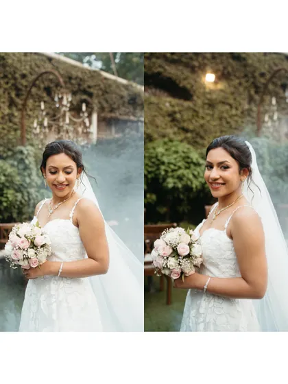 A close-up collage of the Catholic bride holding her bouquet. Her serene expression and the soft lighting create a feeling of peace and gentle happiness.