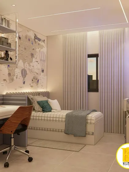 A wider view of the travel-themed room, showing the bed and a mobile side table.