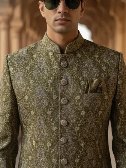A close-up on the chest of the olive green sherwani, highlighting the beautiful threadwork and button details. This is the quality you can expect from my rental collection.