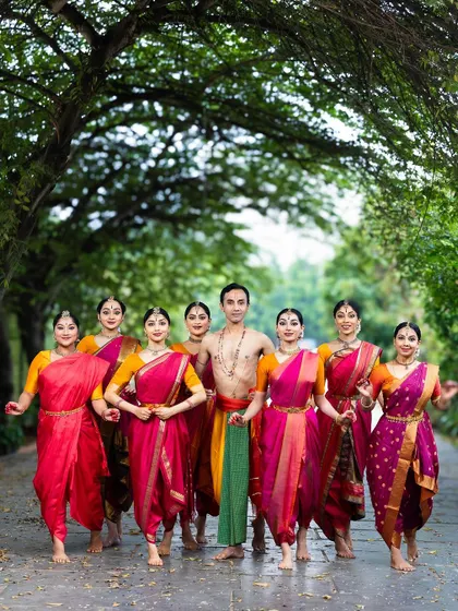 The Chithkala ensemble in formation for 'Tyāgarāja Hṛt Sadana'. I design my choreography to utilize the entire stage and create visually compelling pictures.