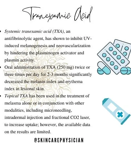 Tranexamic acid, available in oral or topical forms, is another powerful tool I use. It works by inhibiting UV-induced melanin production and is a key part of many pigmentation treatment plans.