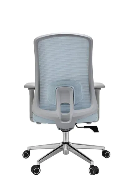 The back view of the light blue mesh chair.