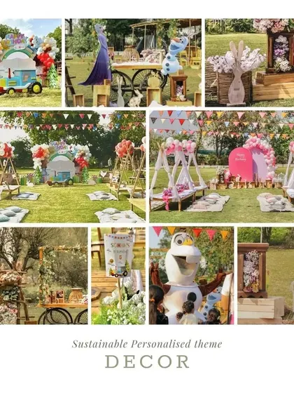 A collage showcasing our sustainable and personalized decor options, from teepee setups to themed carts and character cutouts.