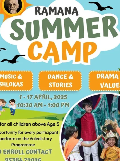 The official poster for our 2025 Ramana Summer Camp, inviting children over 5 to learn life skills through shlokas, music, dance, and stories. The image features past participants in their final stage performance.