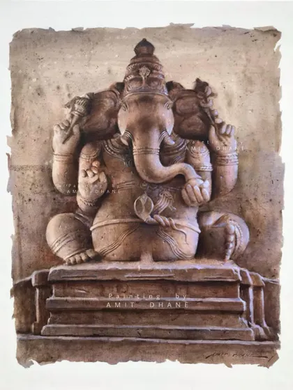 An acrylic painting of a Ganesha sculpture. While I often use watercolour, acrylics allow for a different kind of texture and richness, giving the sculpture a solid, earthy feel.