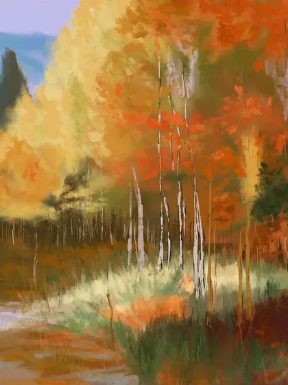The final 'Colours of Autumn' digital oil painting. This piece shows the result of the initial value study, with vibrant, textured colors layered on top to create an impressionistic and lively landscape.