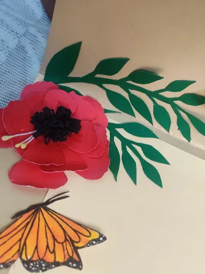 A close-up of the 3D paper flowers on my handmade greeting card.