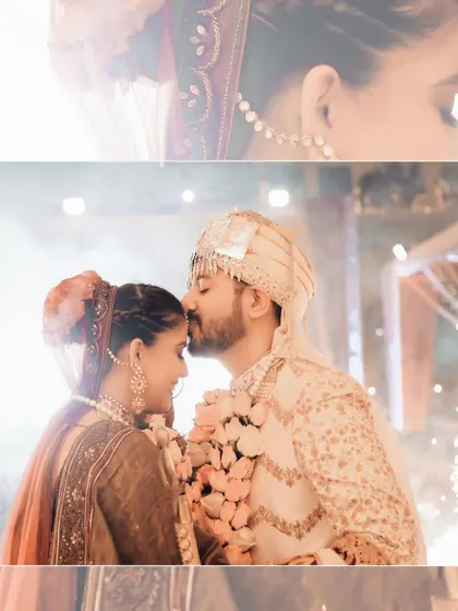 A creative collage with a focus on the groom kissing his bride's forehead. The soft, dreamy overlays add an artistic and romantic touch to these wedding memories.