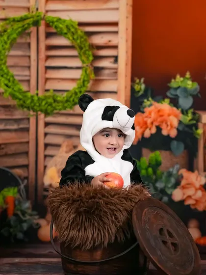 Our little panda is enjoying an apple in a cozy, rustic setup. We love creating these adorable animal-themed shoots.