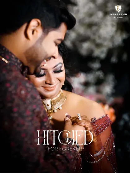 A joyful embrace with the words "Hitched for Forever." This photo perfectly captures the happiness and excitement of a couple celebrating their union, full of smiles and love.