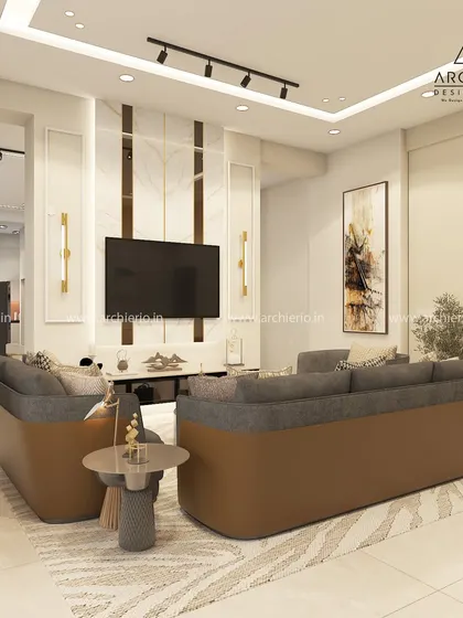 This TV unit wall is a study in modern design, with vertical marble-finish panels and integrated lighting. The two-tone sofa adds a unique touch to the space.