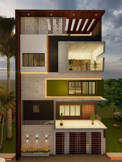 A frontal view of the green-accented vertical block design at dusk.