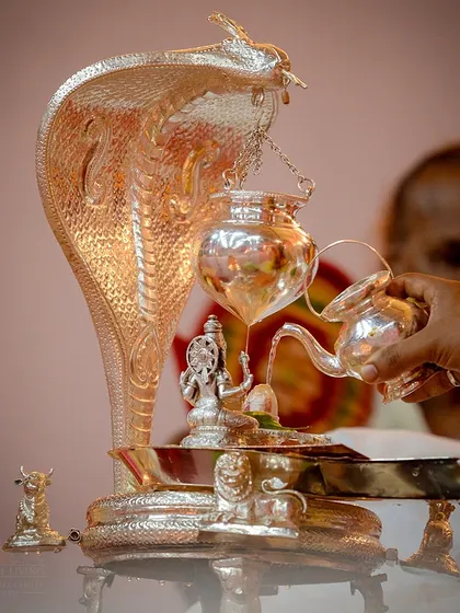 The sacred Abhishekam ritual during the first day's puja of Navratri. The continuous stream of water over the silver lingam symbolizes a constant flow of grace.