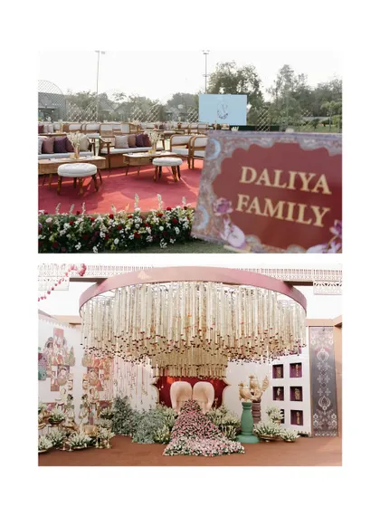 The details matter. This collage highlights the personalized decor, from family signage to the elaborate floral arrangements of the mandap, which all contribute to the wedding's story.
