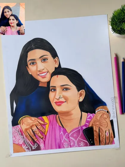 A colorful A3 portrait of a mother and daughter. I paid special attention to the intricate henna design on their hands, adding a personal and cultural touch to the drawing.