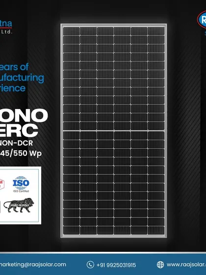 With over 13 years of manufacturing experience, our Mono PERC panels are a testament to our commitment to quality. They are ALMM, BIS, and ISO certified, available up to 550 Wp, and proudly Made in India.