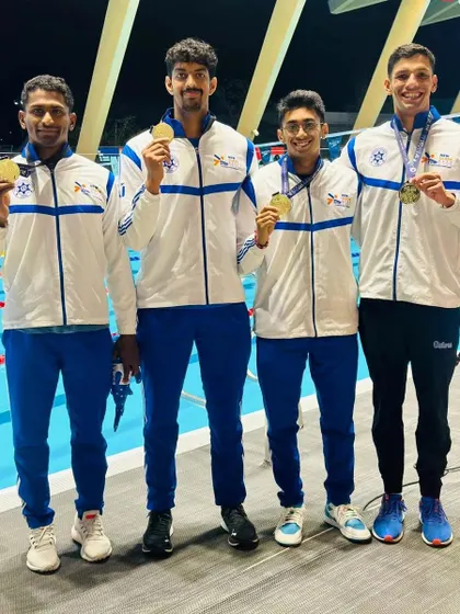 Team India setting a new Indian Meet Record in the 4x200 Freestyle Relay at the 11th Asian Age Group Championship.