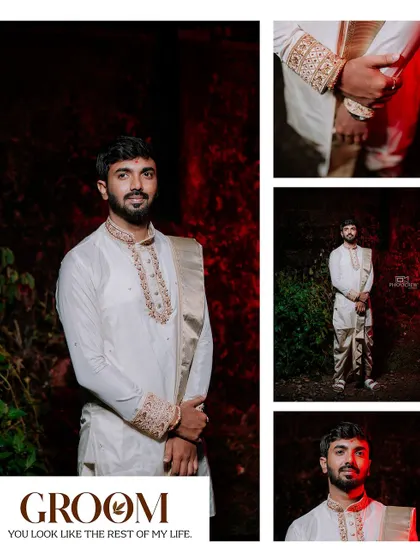 A collage of the groom in his traditional wedding attire, with creative red lighting.