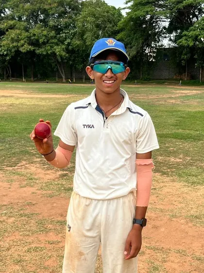 Prathyush G Shetty after his 6-wicket haul in a KSCA U-19 match.