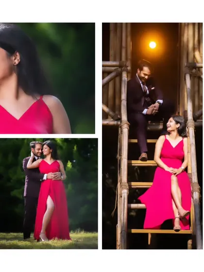 A collage of a stylish pre-wedding shoot in a garden. It shows our ability to pose couples in ways that are both elegant and natural, using the environment to frame them perfectly.