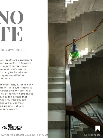 The Editor's Note from The Architect's Diary on our Boat Club Apartments, highlighting the project's success in addressing climatic responsibilities and its sublime coupling of concrete and wood.