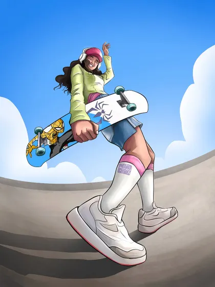 This is an original character I designed, a skater girl with a Spidey-themed board. This full-background version places her in her element at a skate park, giving the scene a sense of action and energy.
