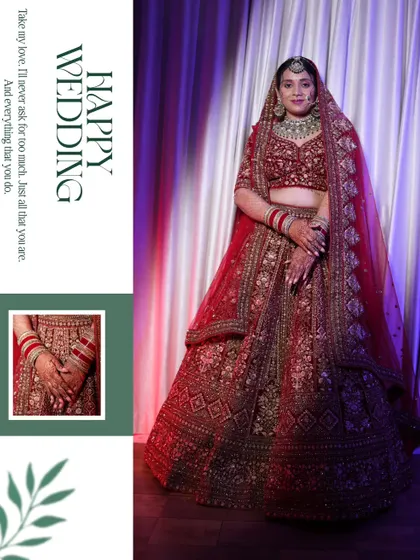 A "Happy Wedding" themed collage featuring the bride in her full splendor. The design is clean and modern, letting the beauty of the bride and her attire shine.