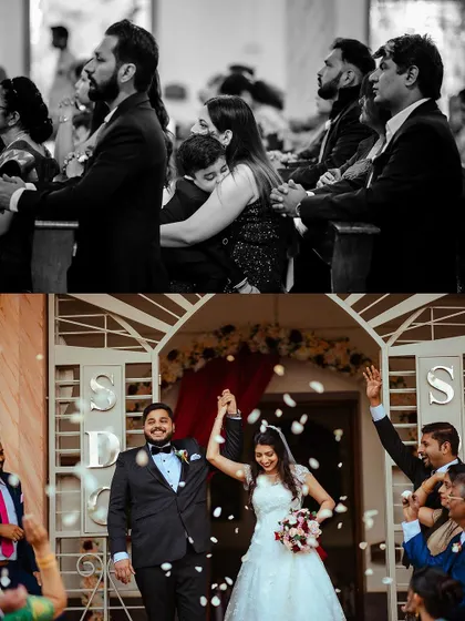 The triumphant exit from the church, showered with petals by friends and family.