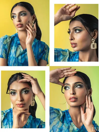 A four-panel grid of portraits, each capturing a different angle and expression. This format provides a comprehensive look at the model's portfolio and is ideal for casting purposes.