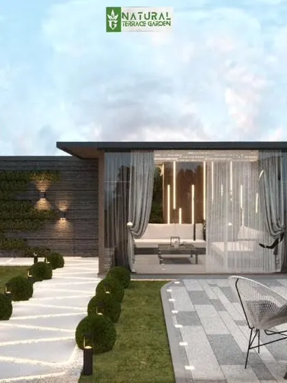 An alternate view of the Vikaspuri terrace design. This render shows the relationship between the glass house, the lawn, and the seating areas, highlighting the open and airy feel.