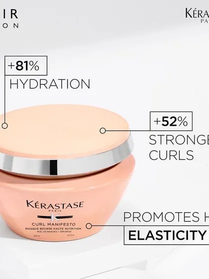 The Kérastase Curl Manifesto Masque is designed for curly hair. It delivers 81% more hydration and results in 52% stronger curls while promoting elasticity for bouncy, well-defined coils.