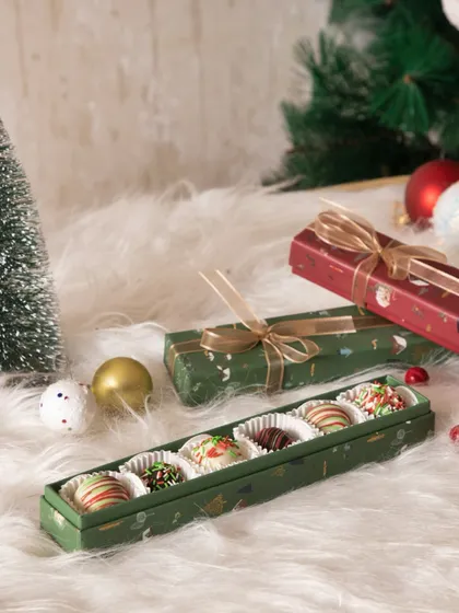 A slim, elegant box filled with our Christmas-themed chocolate bonbons. A perfect stocking stuffer or small gift.