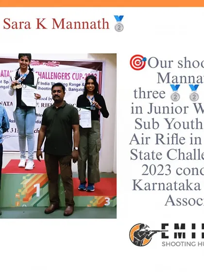 Celebrating Sara K Mannath's incredible achievement of winning three silver medals in the Junior, Youth, and Sub-Youth Women's Air Rifle events at the State Challengers Cup.