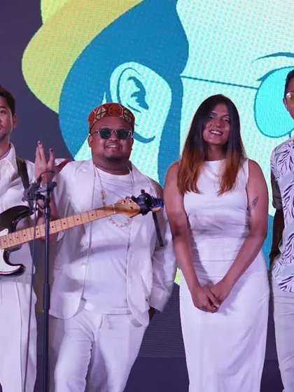 The Loysum Experience band, dressed in white for a themed event. We coordinate our look to fit the decor and style of your wedding or party.
